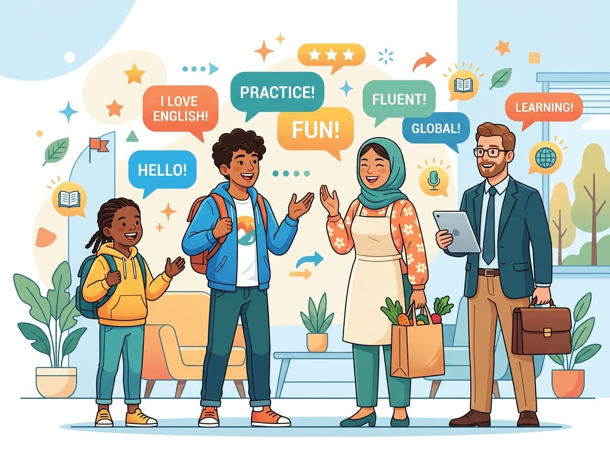 Diverse group of kids, teens, and adults learning spoken English